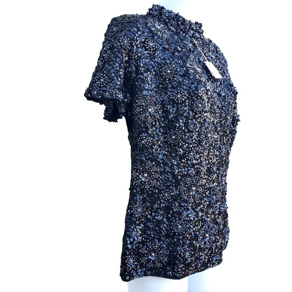 Vintage 1960s Black Hand Beaded NWT Sequined Wool Top 10 Made in Hong Kong NOS - Picture 2 of 12